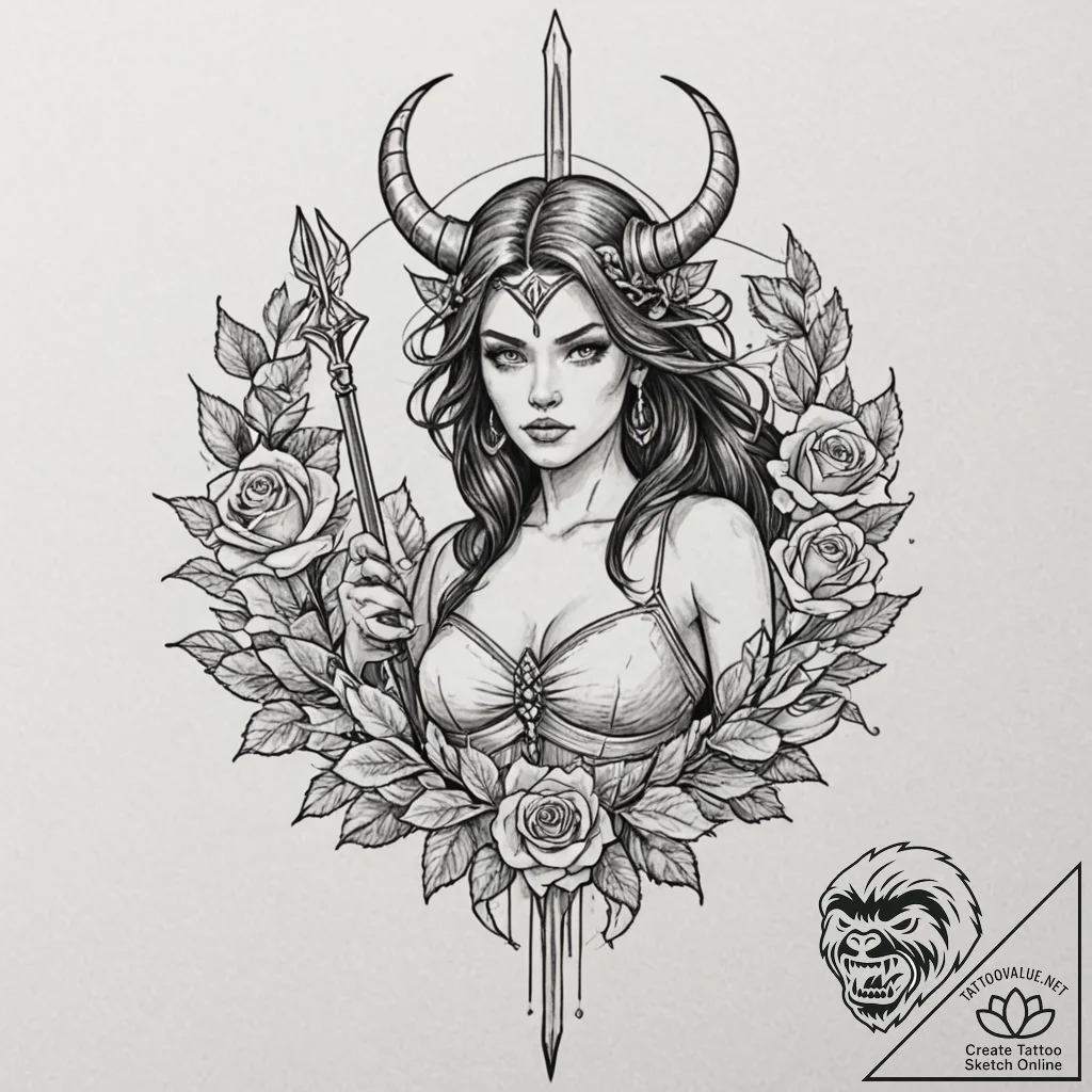 A beautiful, but fierce valkyrie, her spear p... - tattoo sketch (№1752152192_0, 10.07.2025 12:56) — tattoovalue.net