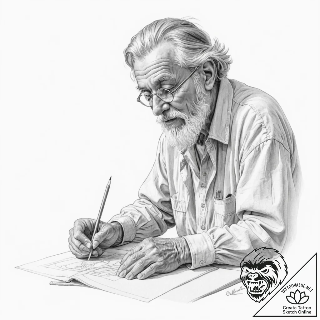 A beautiful, wise old artisan, passing down t... - tattoo sketch (№1752152363_0, 10.07.2025 12:59) — tattoovalue.net