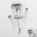A woman surrounded by floating, spectral jell… – tattoo sketch (№1752152447_0, 10.07.2025 13:00) — tattoovalue.net