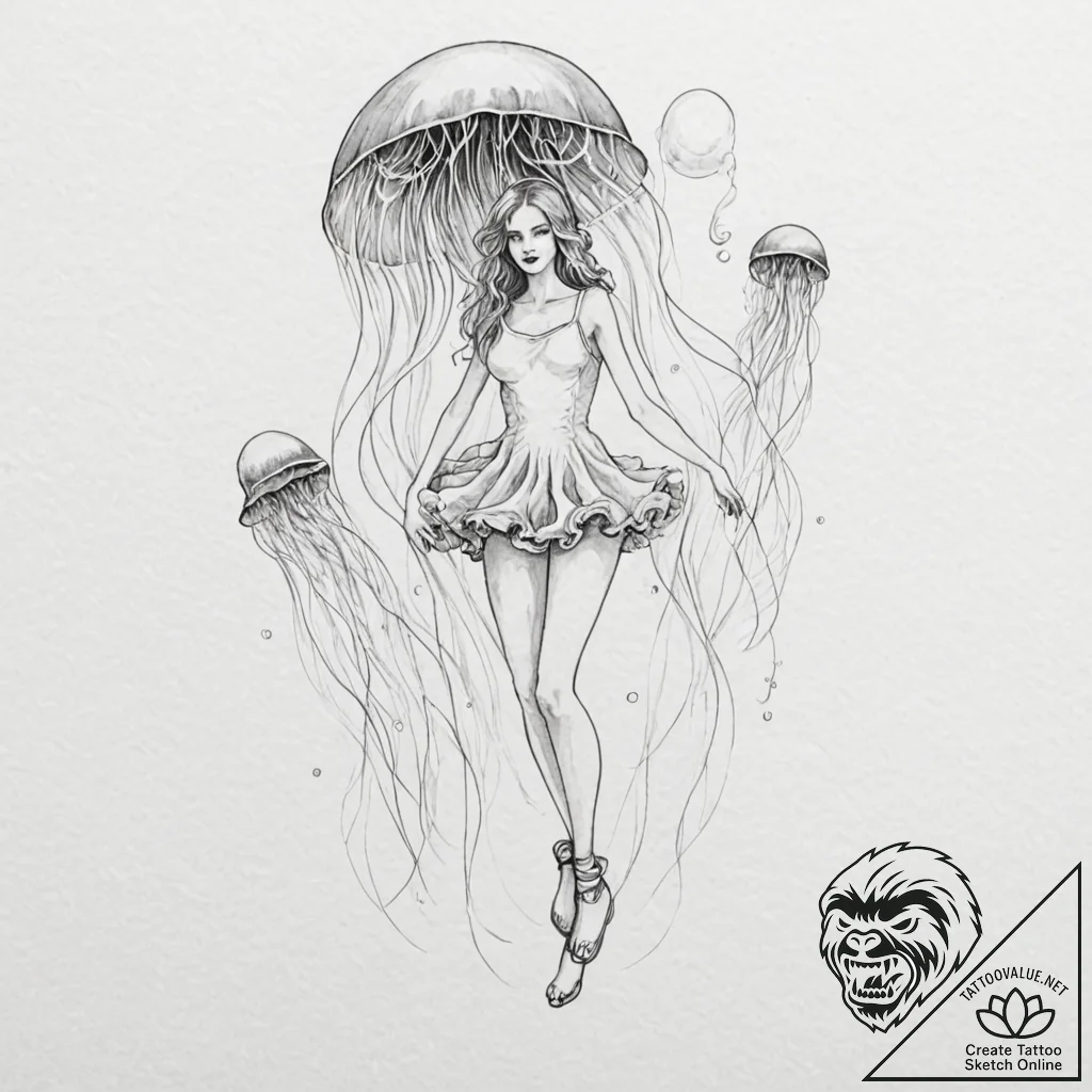 A woman surrounded by floating, spectral jell... - tattoo sketch (№1752152447_0, 10.07.2025 13:00) — tattoovalue.net