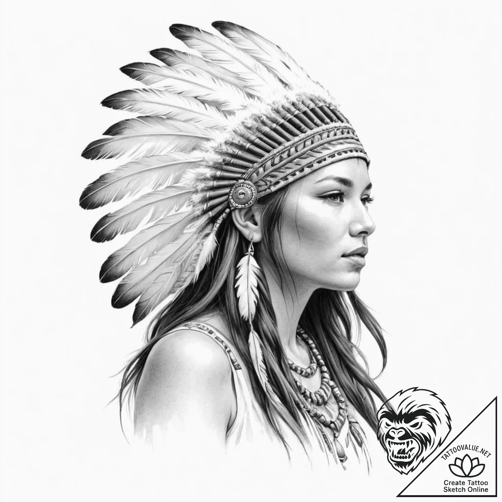 A beautiful native american woman with feathe... - tattoo sketch (№1752152531_0, 10.07.2025 13:02) — tattoovalue.net