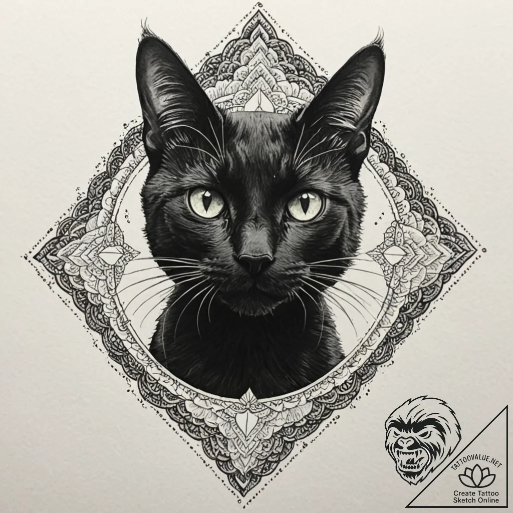 A beautiful black cat with glowing green eyes... - tattoo sketch (№1752153218_0, 10.07.2025 13:13) — tattoovalue.net