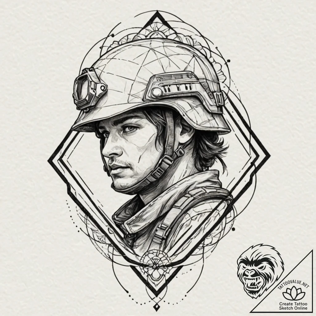 A realistic soldier in a modern helmet, his f... - tattoo sketch (№1752153301_0, 10.07.2025 13:15) — tattoovalue.net