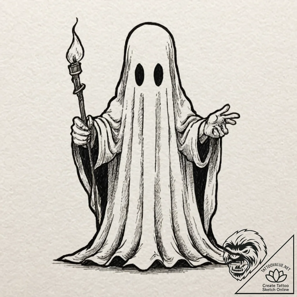 A cartoon ghost with empty pockets turned ins... - tattoo sketch (№1752153472_0, 10.07.2025 13:17) — tattoovalue.net