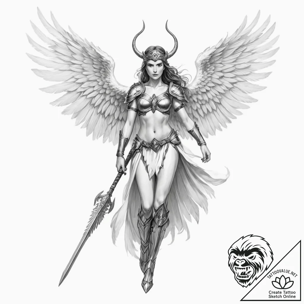A valkyrie with magnificent feathered wings a... - tattoo sketch (№1752154326_0, 10.07.2025 13:32) — tattoovalue.net