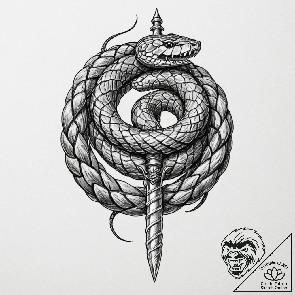 A snake, coiled around a dagger, a symbol of... - tattoo sketch (№1752154410_0, 10.07.2025 13:33) — tattoovalue.net