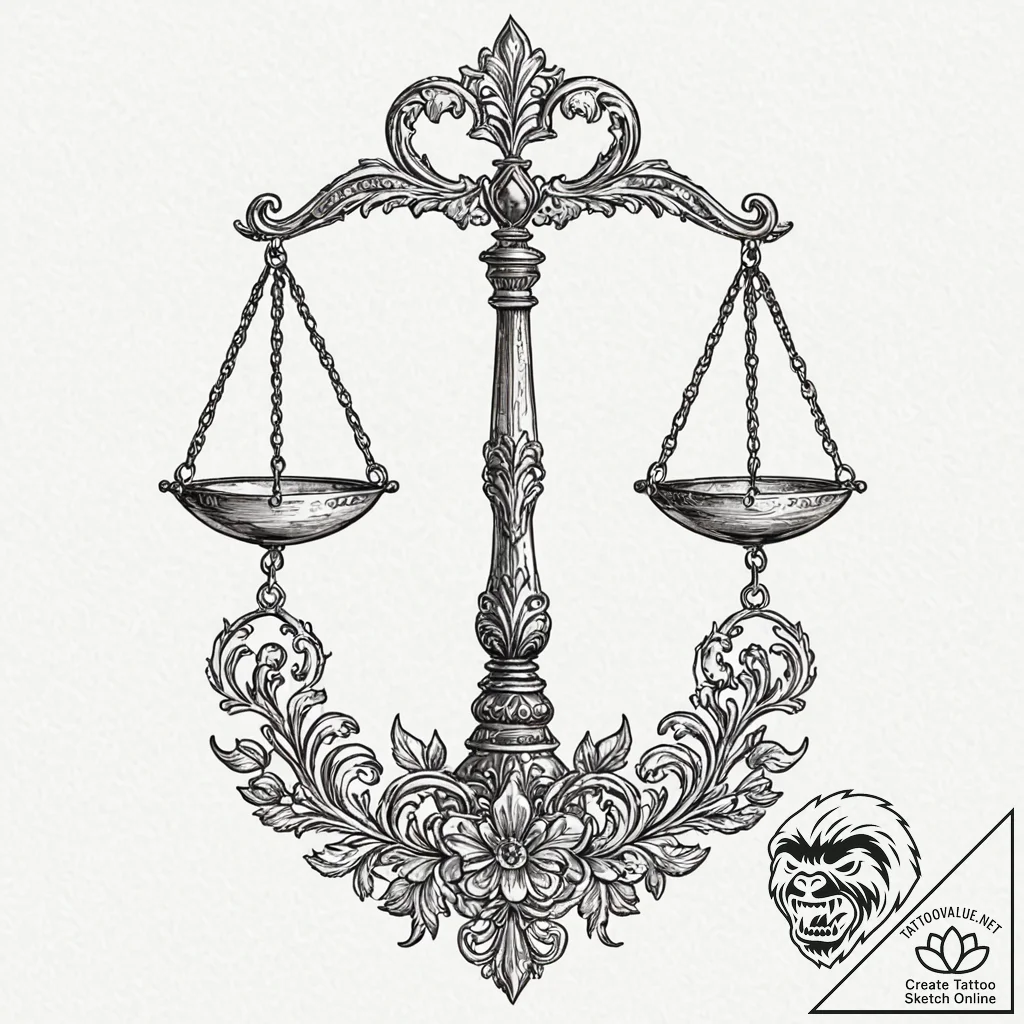 A beautiful, ornate set of scales, perfectly... - tattoo sketch (№1752155320_0, 10.07.2025 13:48) — tattoovalue.net