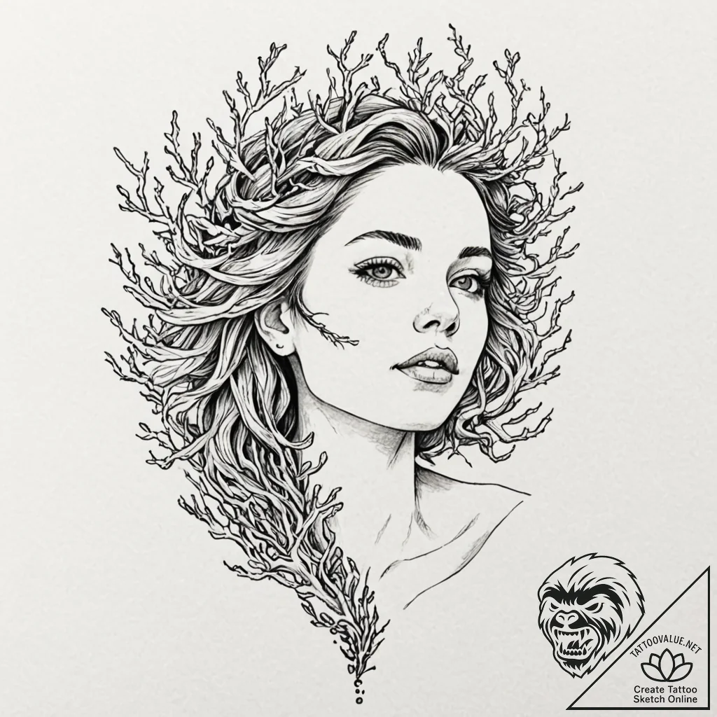 A girl whose body is a living, breathing cora... - tattoo sketch (№1752155573_0, 10.07.2025 13:52) — tattoovalue.net