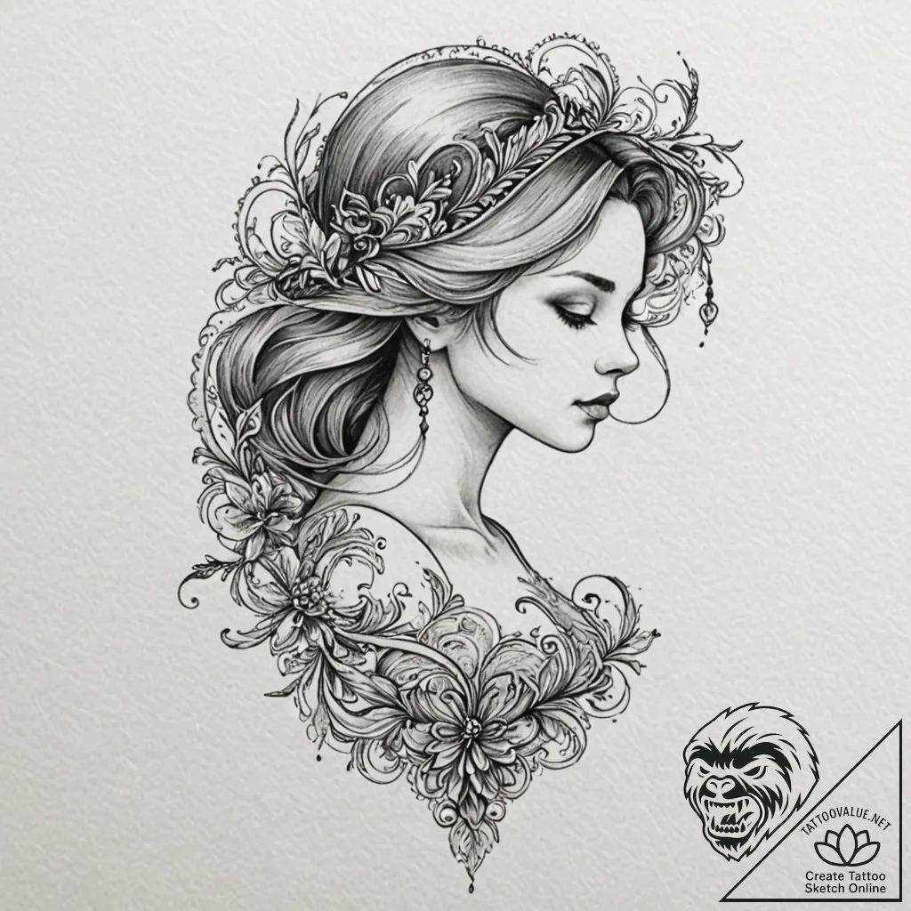 A beautiful woman with her body half-covered... - tattoo sketch (№1752155916_0, 10.07.2025 13:58) — tattoovalue.net