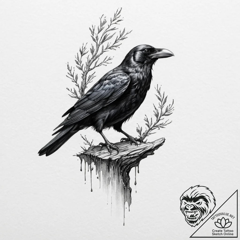 A beautiful, realistic raven, a symbol of mag... - tattoo sketch (№1752156605_0, 10.07.2025 14:10) — tattoovalue.net