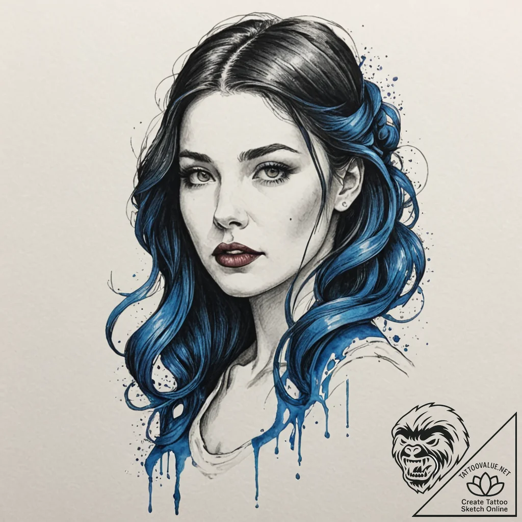 A portrait of a woman, her hair is a cascadin... - tattoo sketch (№1752156951_0, 10.07.2025 14:15) — tattoovalue.net