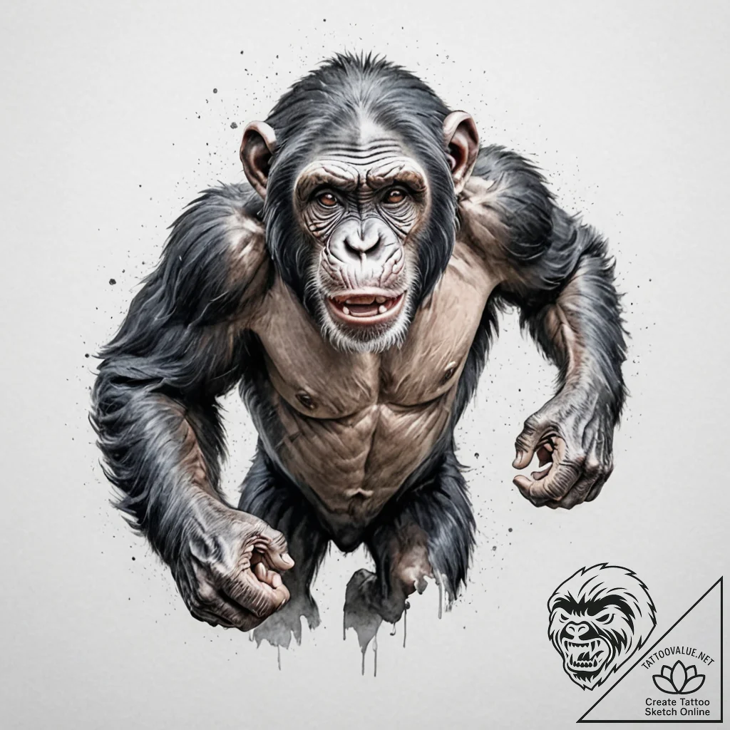 A powerful chimpanzee, in a display of aggres... - tattoo sketch (№1752157038_0, 10.07.2025 14:17) — tattoovalue.net