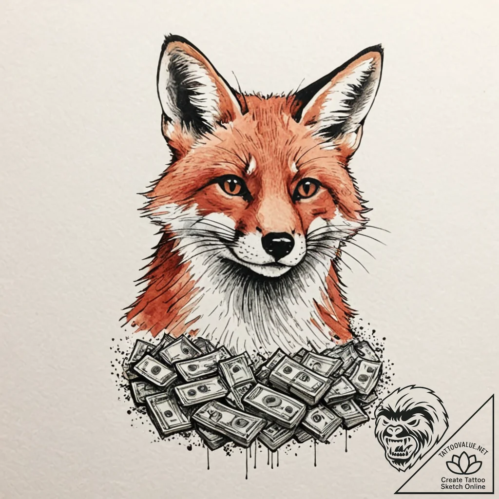 A fox, with a sly grin, counting money, tatto... - tattoo sketch (№1752157384_0, 10.07.2025 14:23) — tattoovalue.net