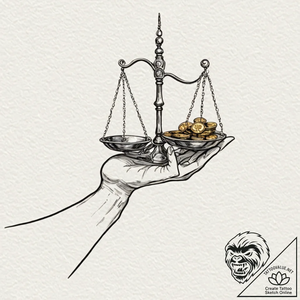 A human hand, holding a scale, but one side i... - tattoo sketch (№1752157859_0, 10.07.2025 14:30) — tattoovalue.net