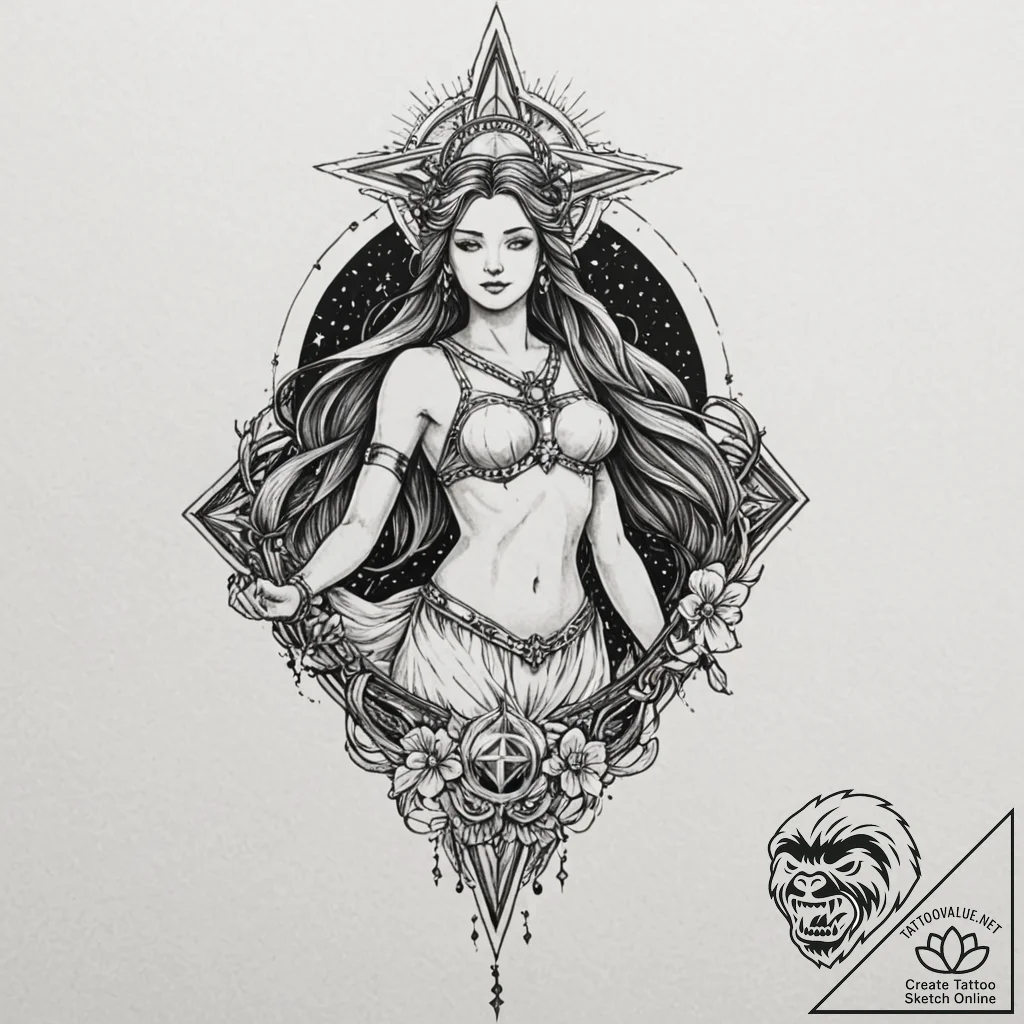 A goddess of the night, her dress is the nigh... - tattoo sketch (№1752158781_0, 10.07.2025 14:46) — tattoovalue.net