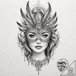A woman wearing a masquerade ball mask decora… – tattoo sketch (№1752158948_0, 10.07.2025 14:49) — tattoovalue.net