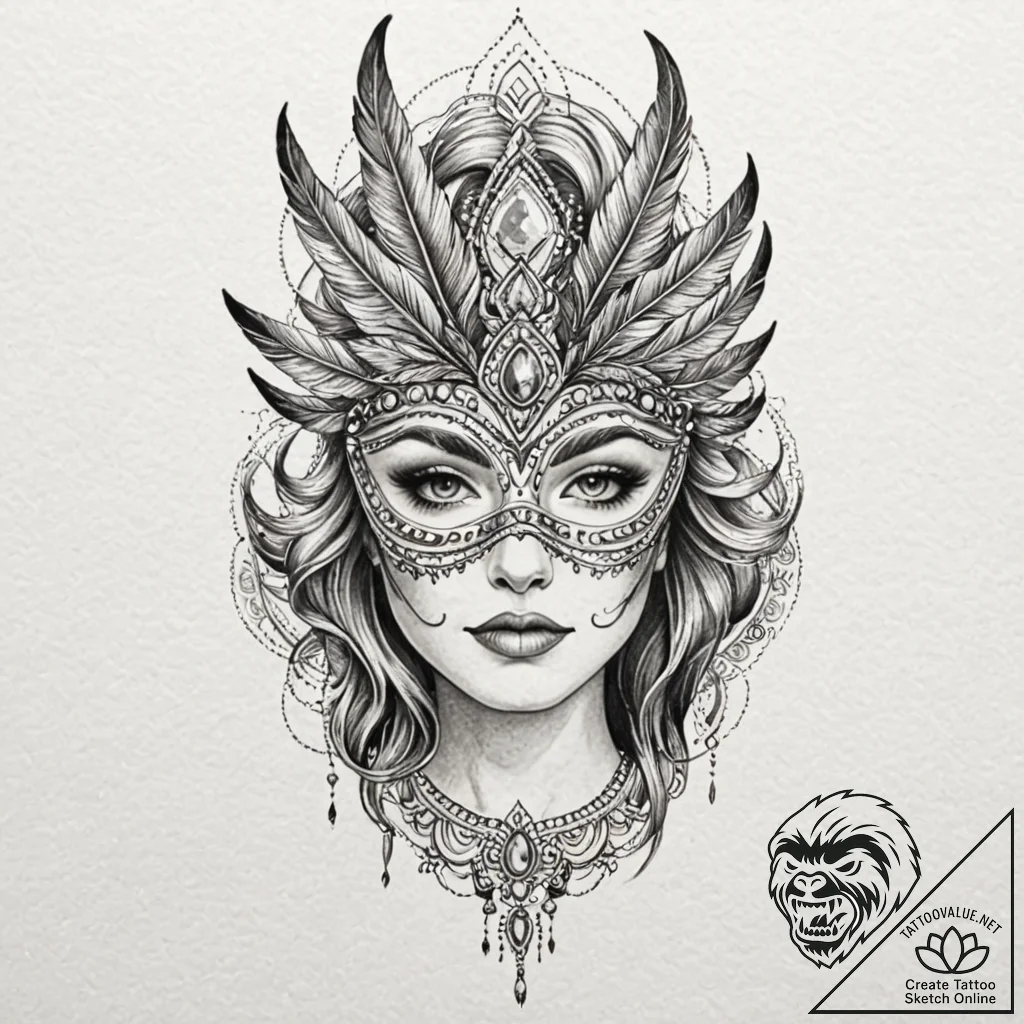 A woman wearing a masquerade ball mask decora... - tattoo sketch (№1752158948_0, 10.07.2025 14:49) — tattoovalue.net