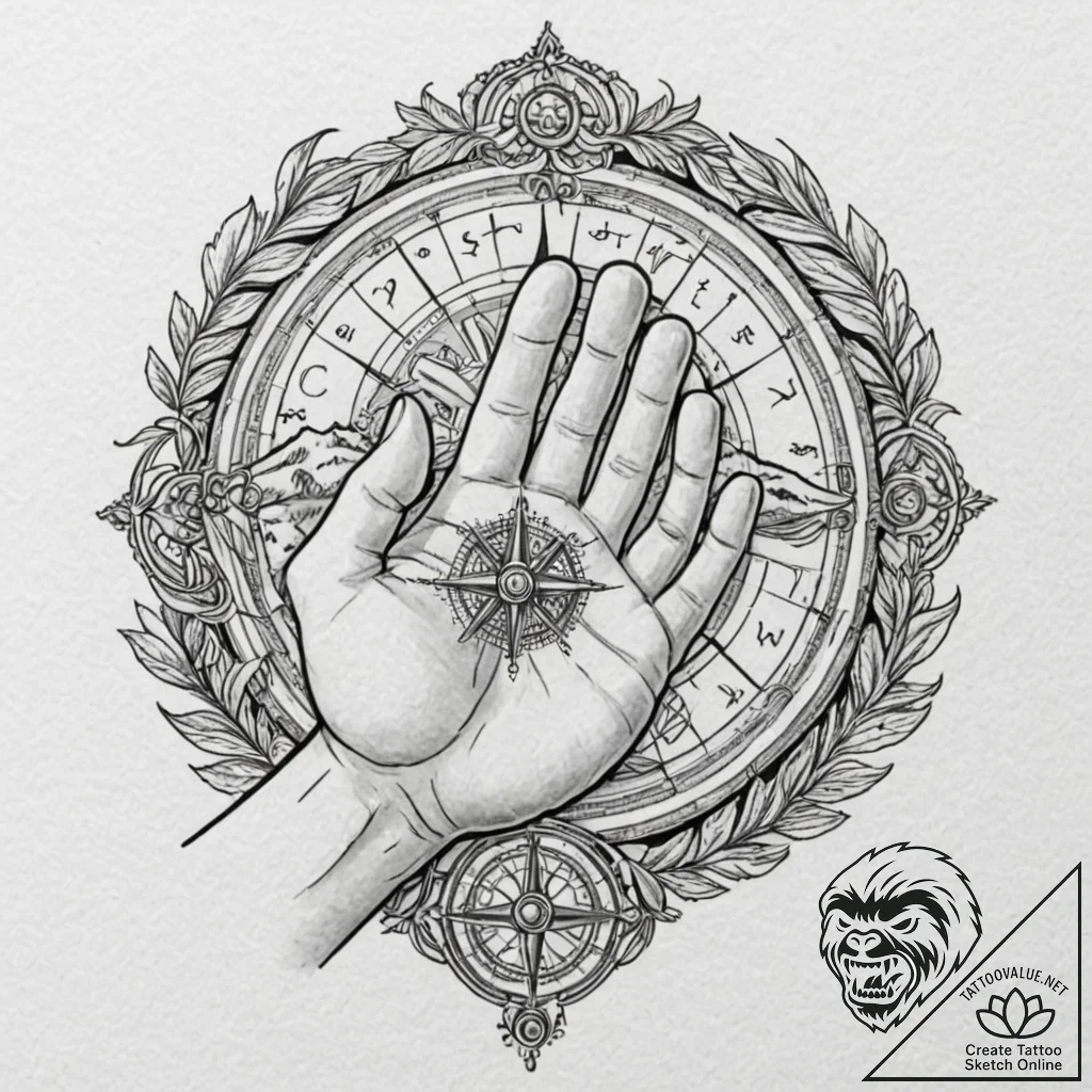 A human hand, offering a compass to a lost tr... - tattoo sketch (№1752160407_0, 10.07.2025 15:13) — tattoovalue.net