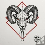 A skull of a ram, with a stark, red, geometri… – tattoo sketch (№1752160578_0, 10.07.2025 15:16) — tattoovalue.net