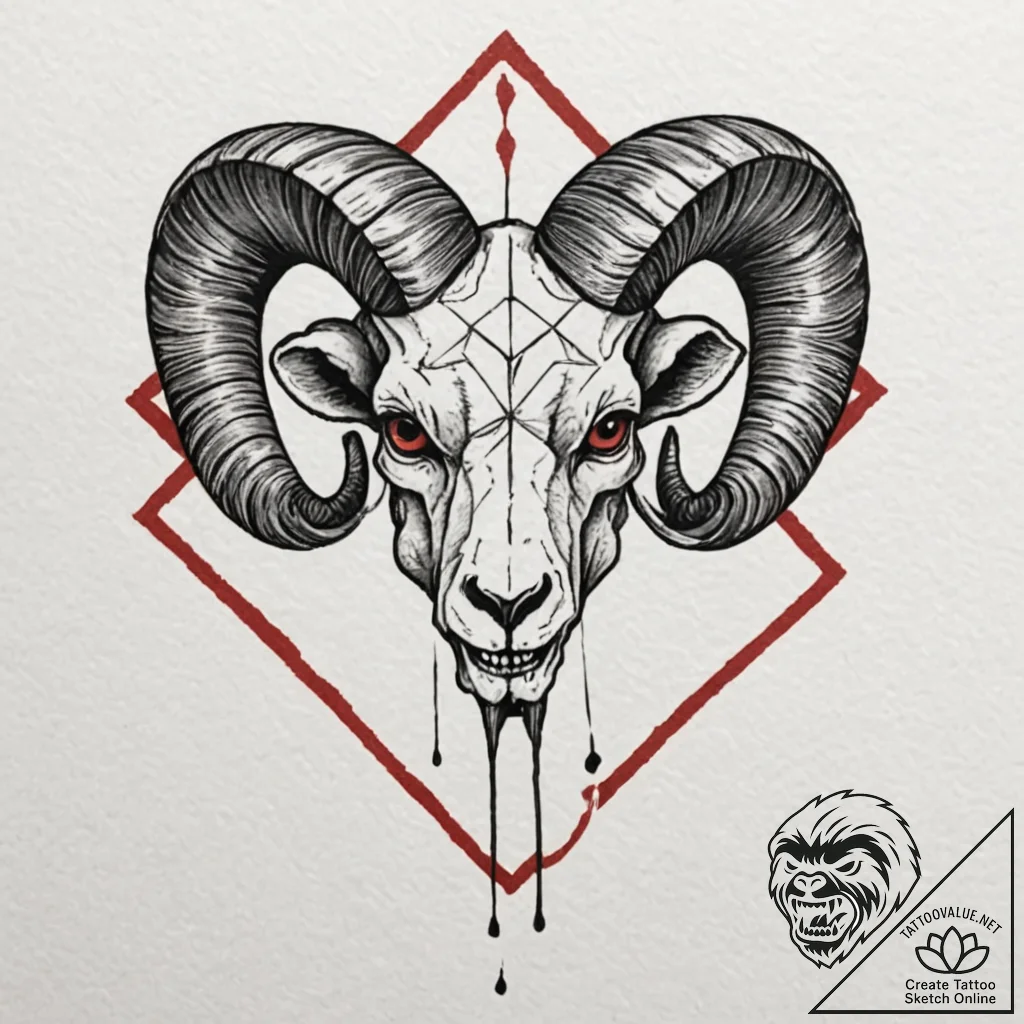 A skull of a ram, with a stark, red, geometri... - tattoo sketch (№1752160578_0, 10.07.2025 15:16) — tattoovalue.net