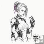 A cyberpunk girl with neon hair and a robotic… – tattoo sketch (№1752160745_0, 10.07.2025 15:19) — tattoovalue.net