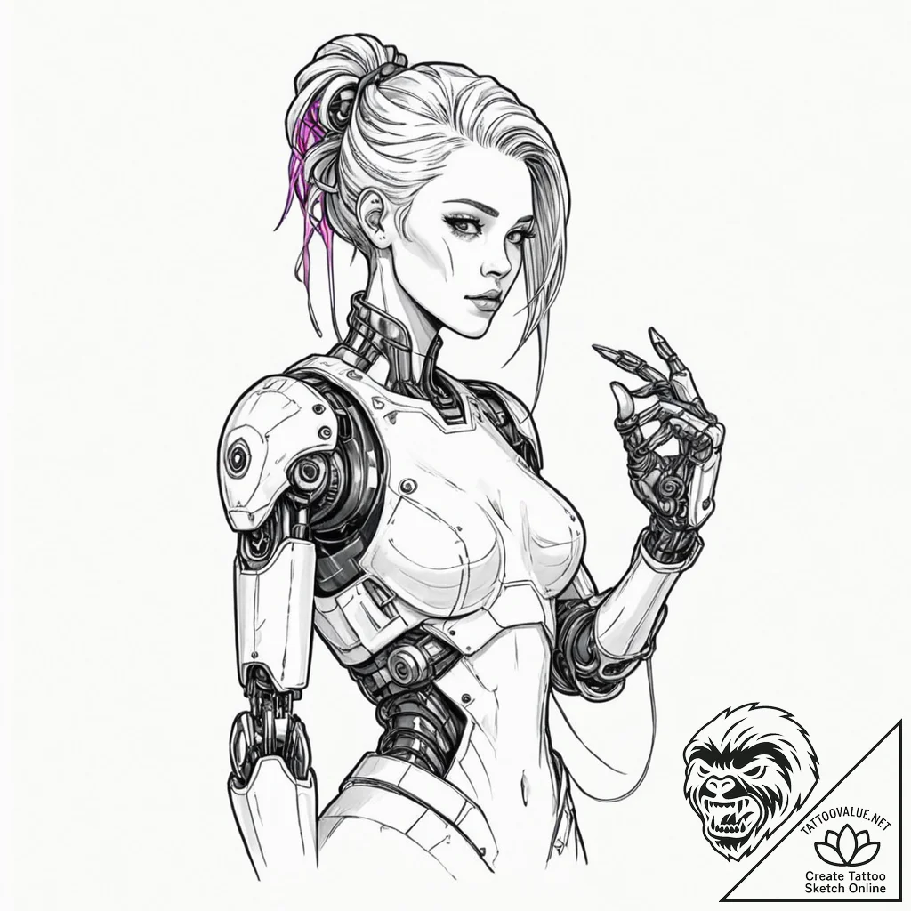 A cyberpunk girl with neon hair and a robotic... - tattoo sketch (№1752160745_0, 10.07.2025 15:19) — tattoovalue.net