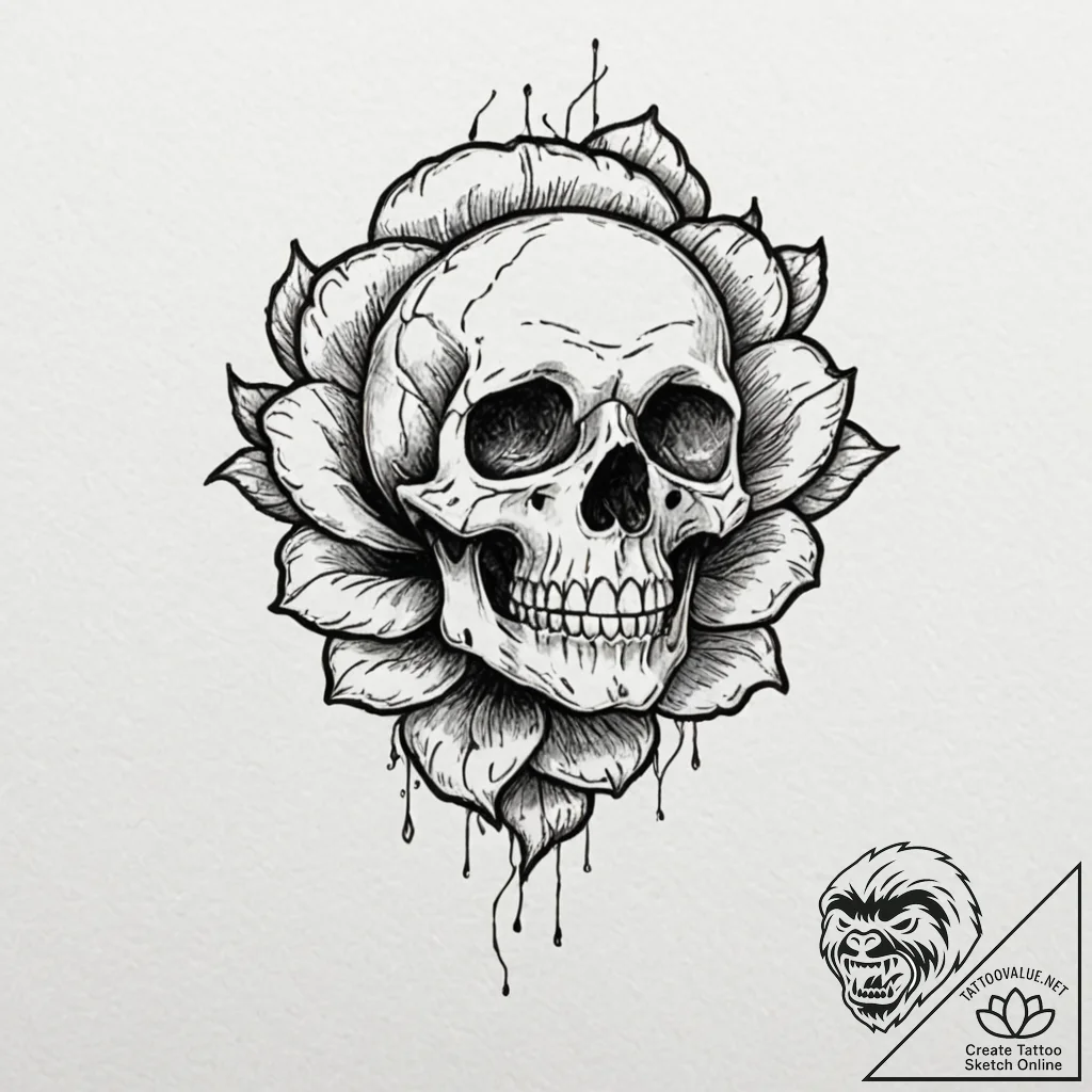 A skull, with a single, red rose in its teeth... - tattoo sketch (№1752160828_0, 10.07.2025 15:20) — tattoovalue.net