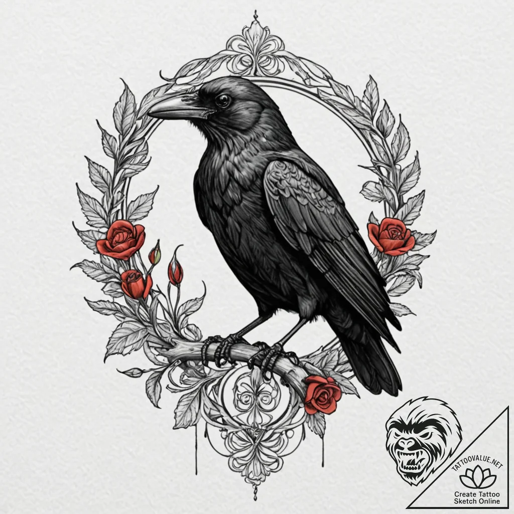 A beautiful, realistic crow, with a single, r... - tattoo sketch (№1752161666_0, 10.07.2025 15:34) — tattoovalue.net