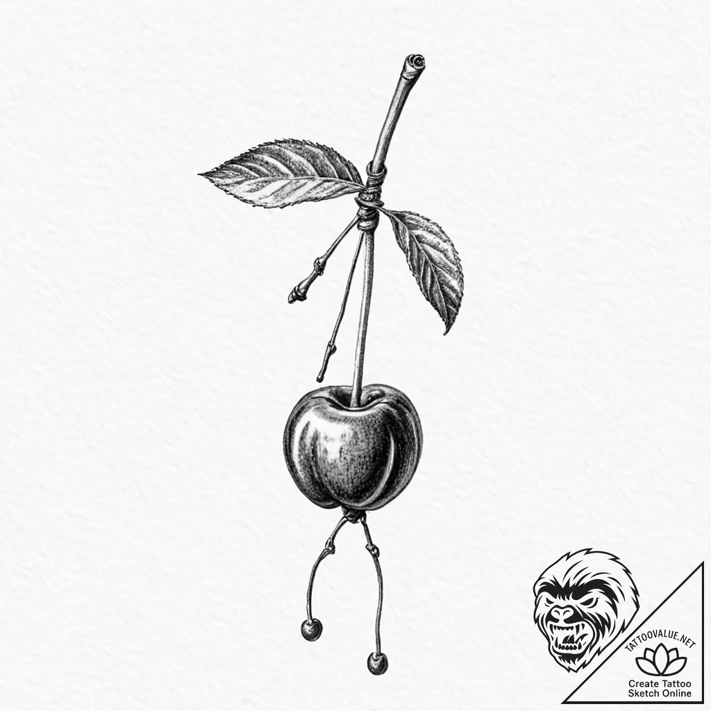 A single, perfect cherry, its stem is tied in... - tattoo sketch (№1752161750_0, 10.07.2025 15:35) — tattoovalue.net