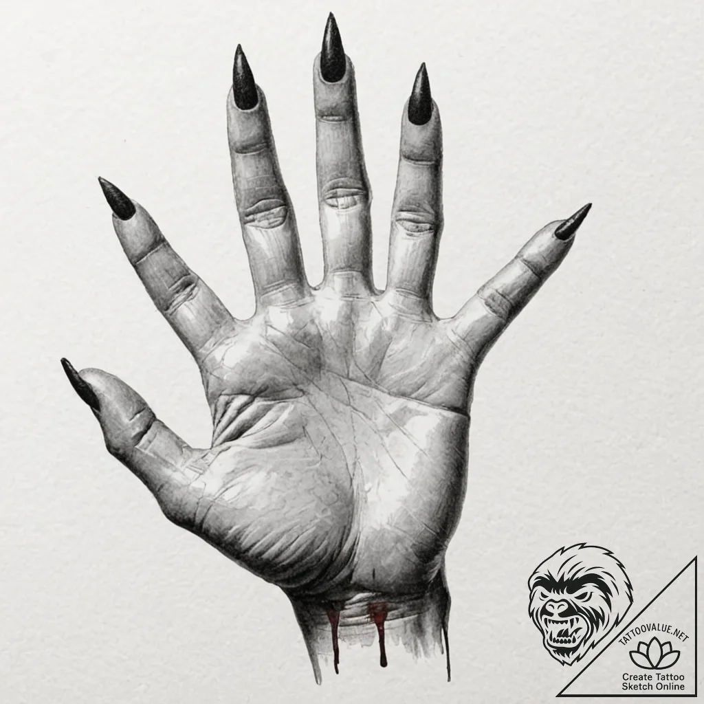 A human hand, with long, sharp fingernails, p... - tattoo sketch (№1752162252_0, 10.07.2025 15:44) — tattoovalue.net