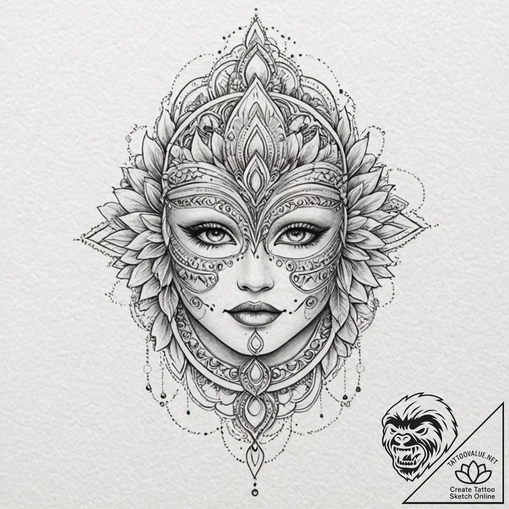 A beautiful, ornate masquerade mask with a si... - tattoo sketch (№1752162504_0, 10.07.2025 15:48) — tattoovalue.net