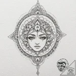 A beautiful, serene face, with a third eye op… – tattoo sketch (№1752162591_0, 10.07.2025 15:49) — tattoovalue.net