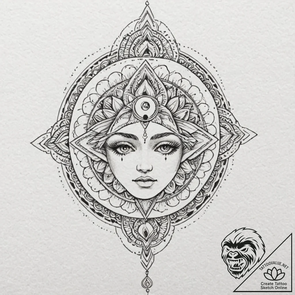 A beautiful, serene face, with a third eye op... - tattoo sketch (№1752162591_0, 10.07.2025 15:49) — tattoovalue.net