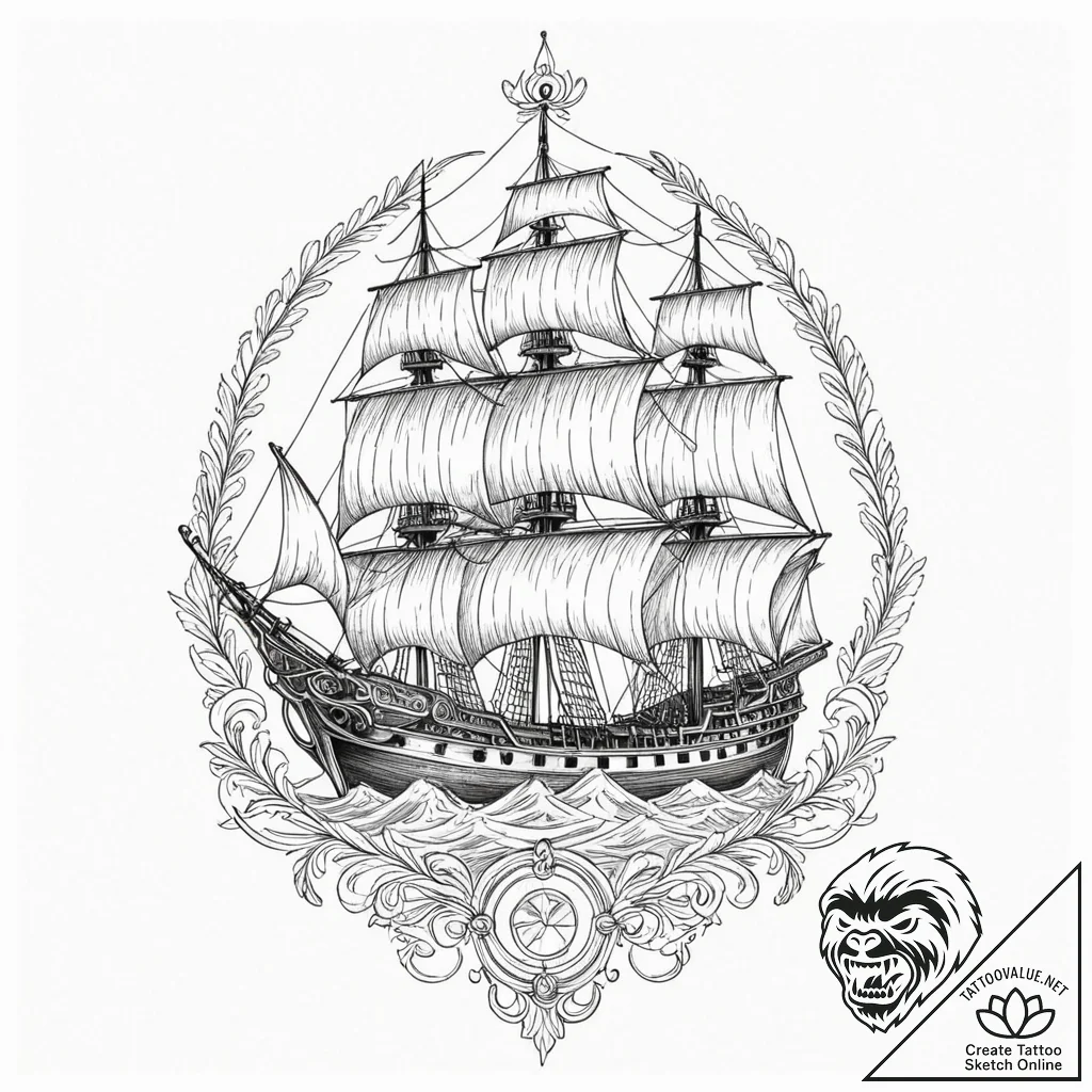 A beautiful, ornate caravel, the ship of expl... - tattoo sketch (№1752163274_0, 10.07.2025 16:01) — tattoovalue.net