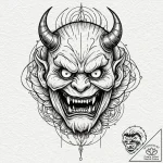 A snarling, demonic oni mask, a symbol of fie… – tattoo sketch (№1752163955_0, 10.07.2025 16:12) — tattoovalue.net