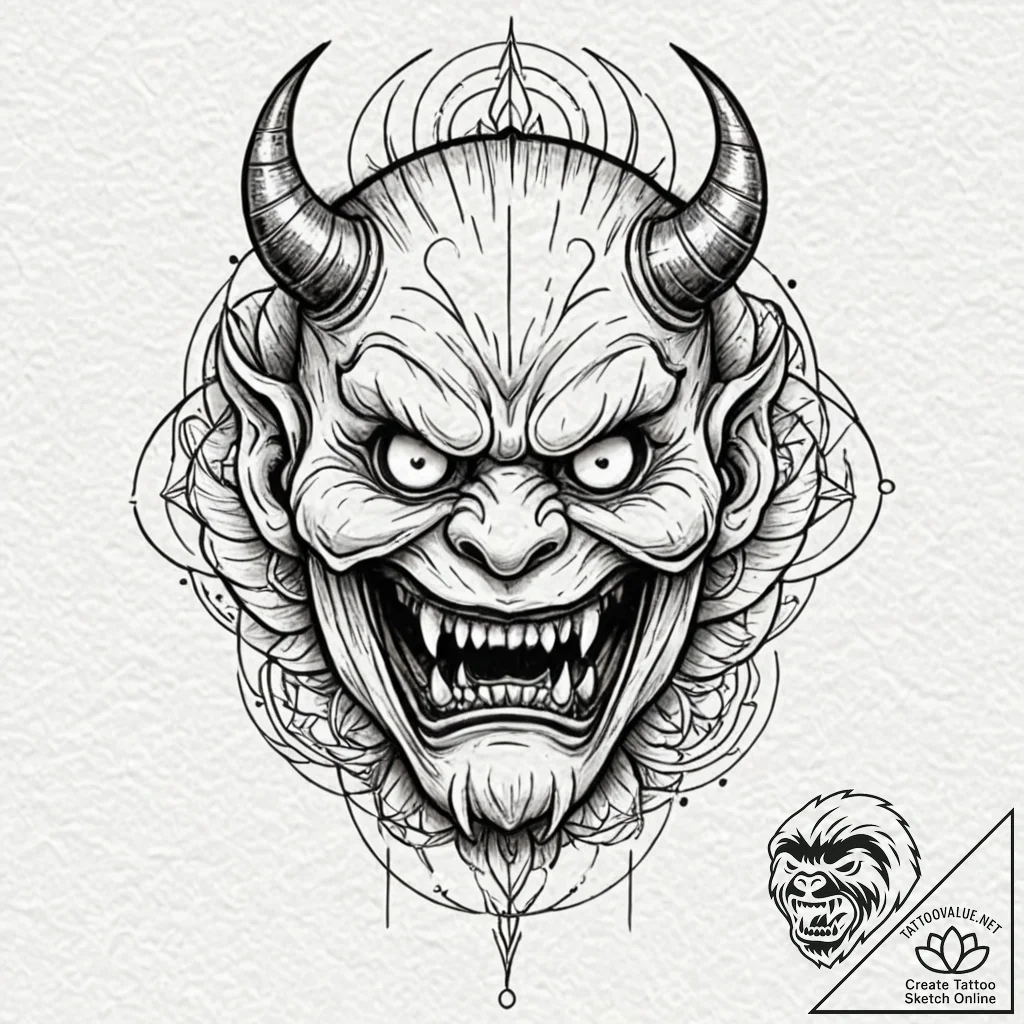 A snarling, demonic oni mask, a symbol of fie... - tattoo sketch (№1752163955_0, 10.07.2025 16:12) — tattoovalue.net