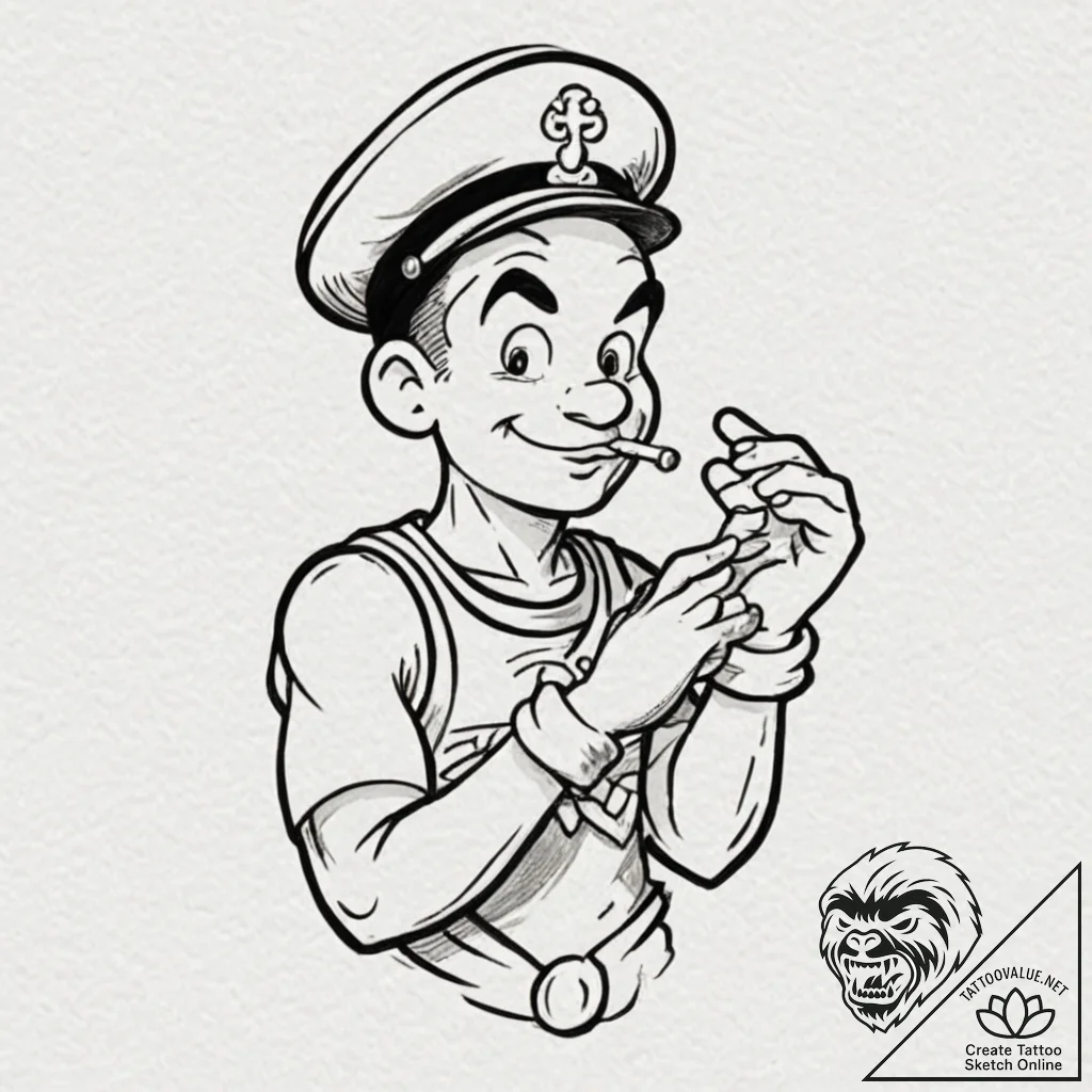 Popeye the sailor, tattoo drawing outline, ae... - tattoo sketch (№1752169124_0, 10.07.2025 17:38) — tattoovalue.net