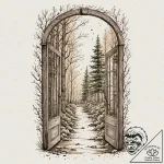 An open door in the middle of a forest leadin… – tattoo sketch (№1752171300_0, 10.07.2025 18:15) — tattoovalue.net
