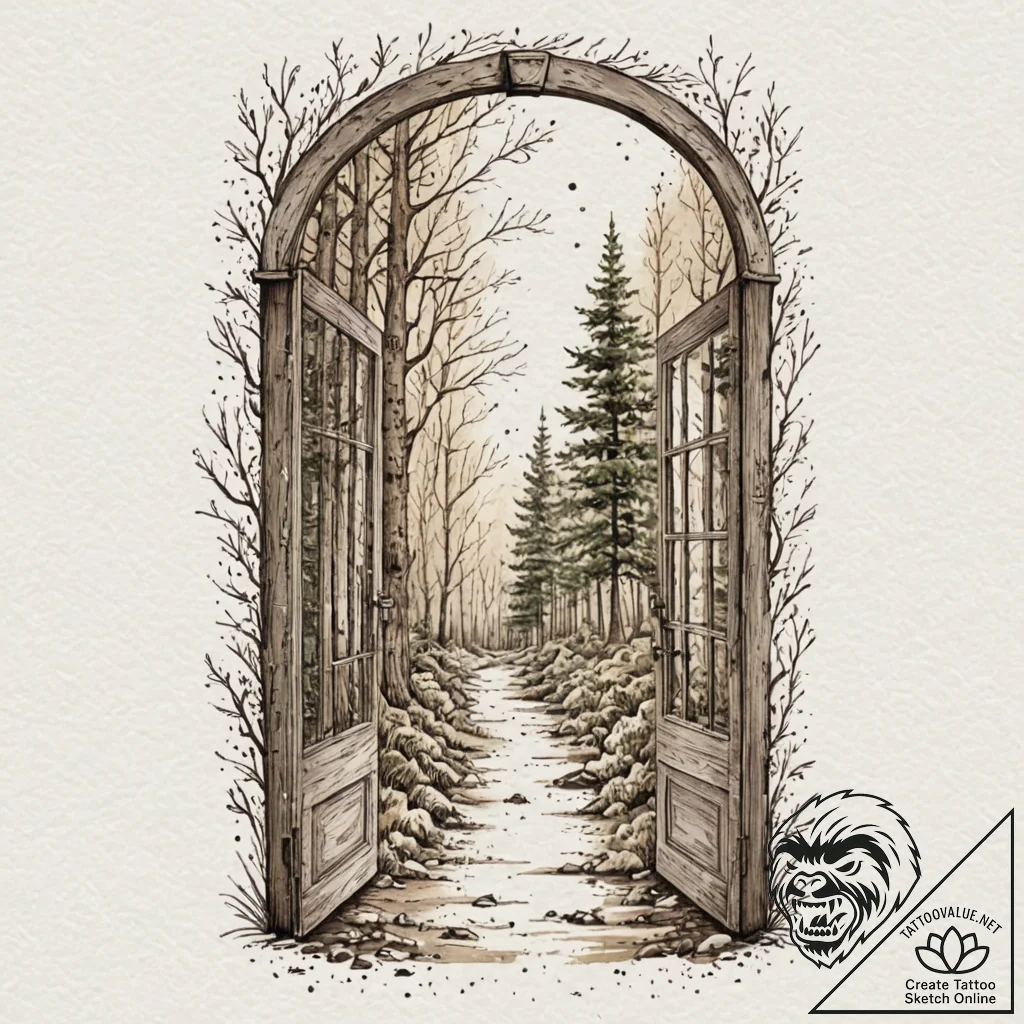 An open door in the middle of a forest leadin... - tattoo sketch (№1752171300_0, 10.07.2025 18:15) — tattoovalue.net