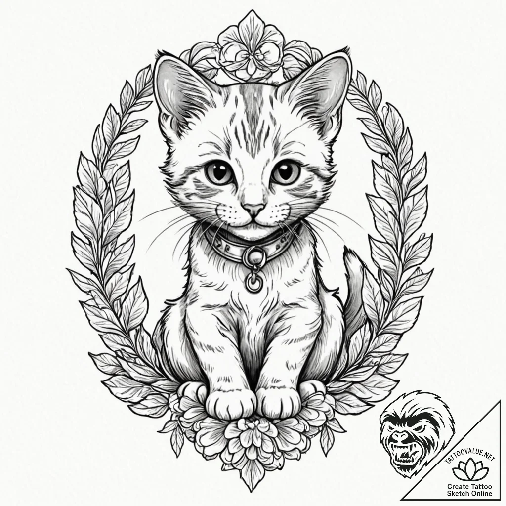 Kitten, ink illustration for tattoo, old scho... - tattoo sketch (№1752171552_0, 10.07.2025 18:19) — tattoovalue.net