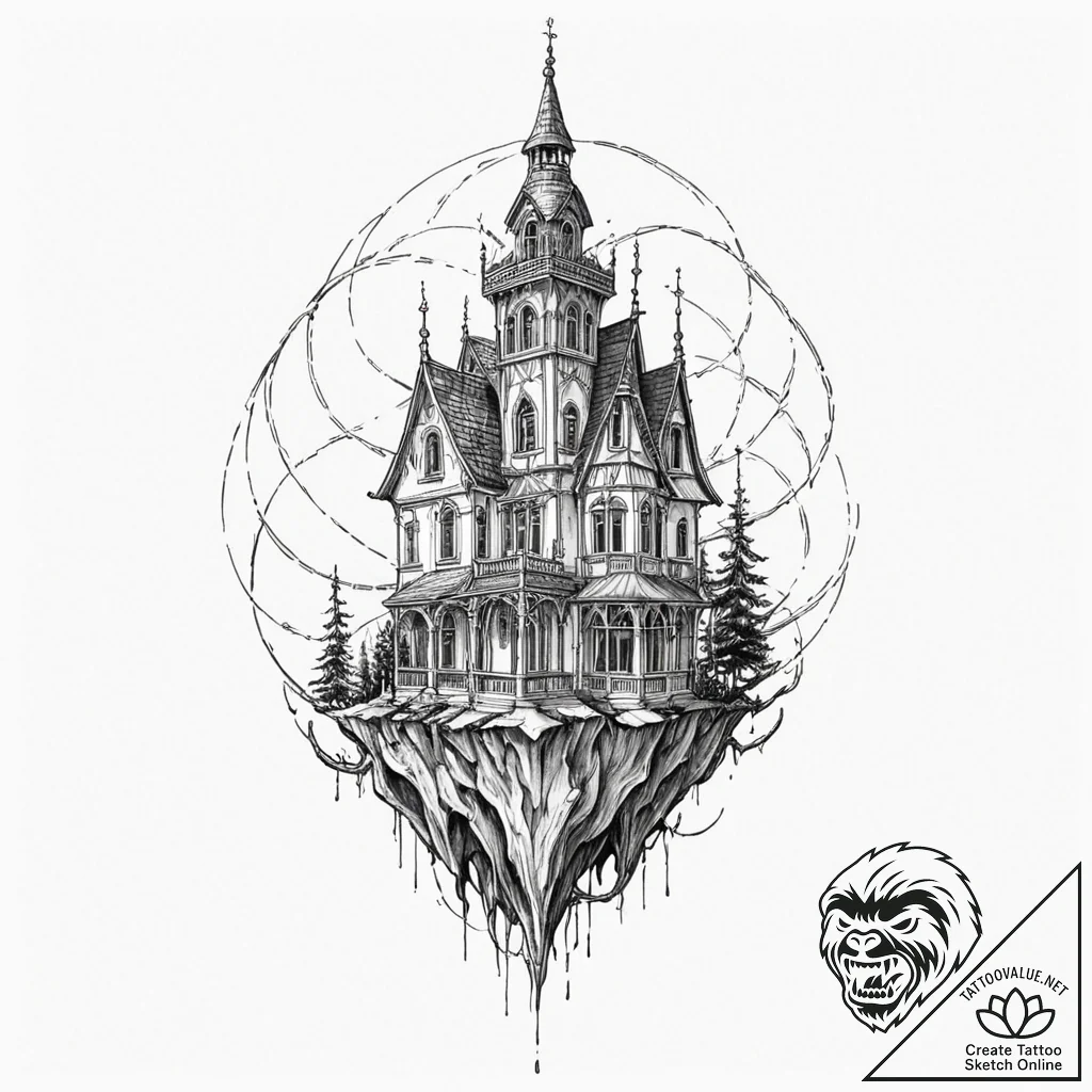 A sketch of the twisted, gothic architecture... - tattoo sketch (№1752173662_0, 10.07.2025 18:54) — tattoovalue.net
