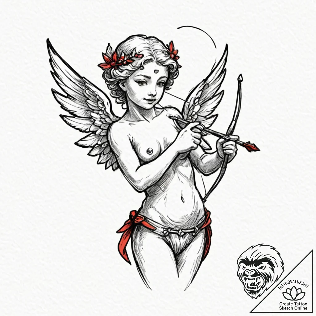 Cupid, artistic tattoo sketch, no background,... - tattoo sketch (№1752174170_0, 10.07.2025 19:02) — tattoovalue.net