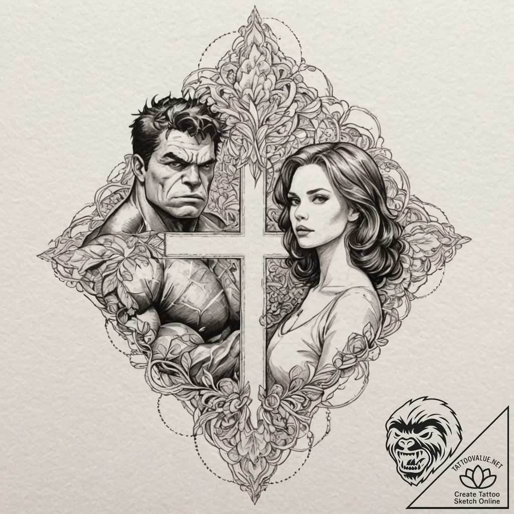 A sketch of the hulk and black widow, a quiet... - tattoo sketch (№1752175182_0, 10.07.2025 19:19) — tattoovalue.net