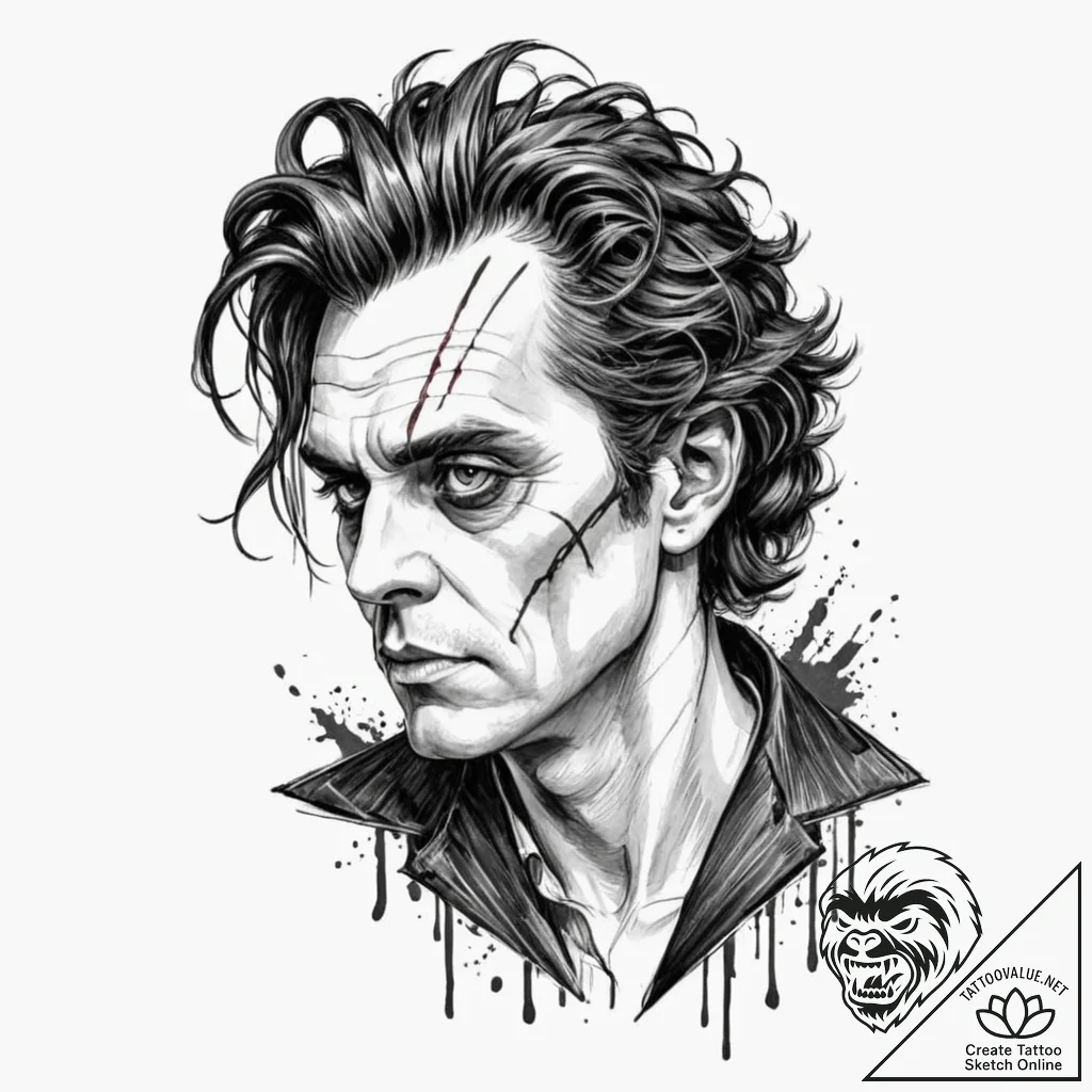 A trash polka portrait of sweeney todd, the d... - tattoo sketch (№1752177789_0, 10.07.2025 20:03) — tattoovalue.net