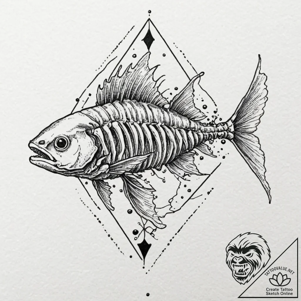 Fish skeleton, concept art for tattoo, on whi... - tattoo sketch (№1752179045_0, 10.07.2025 20:24) — tattoovalue.net
