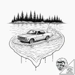 A linework tattoo of the car sinking in the l… – tattoo sketch (№1752179968_0, 10.07.2025 20:39) — tattoovalue.net
