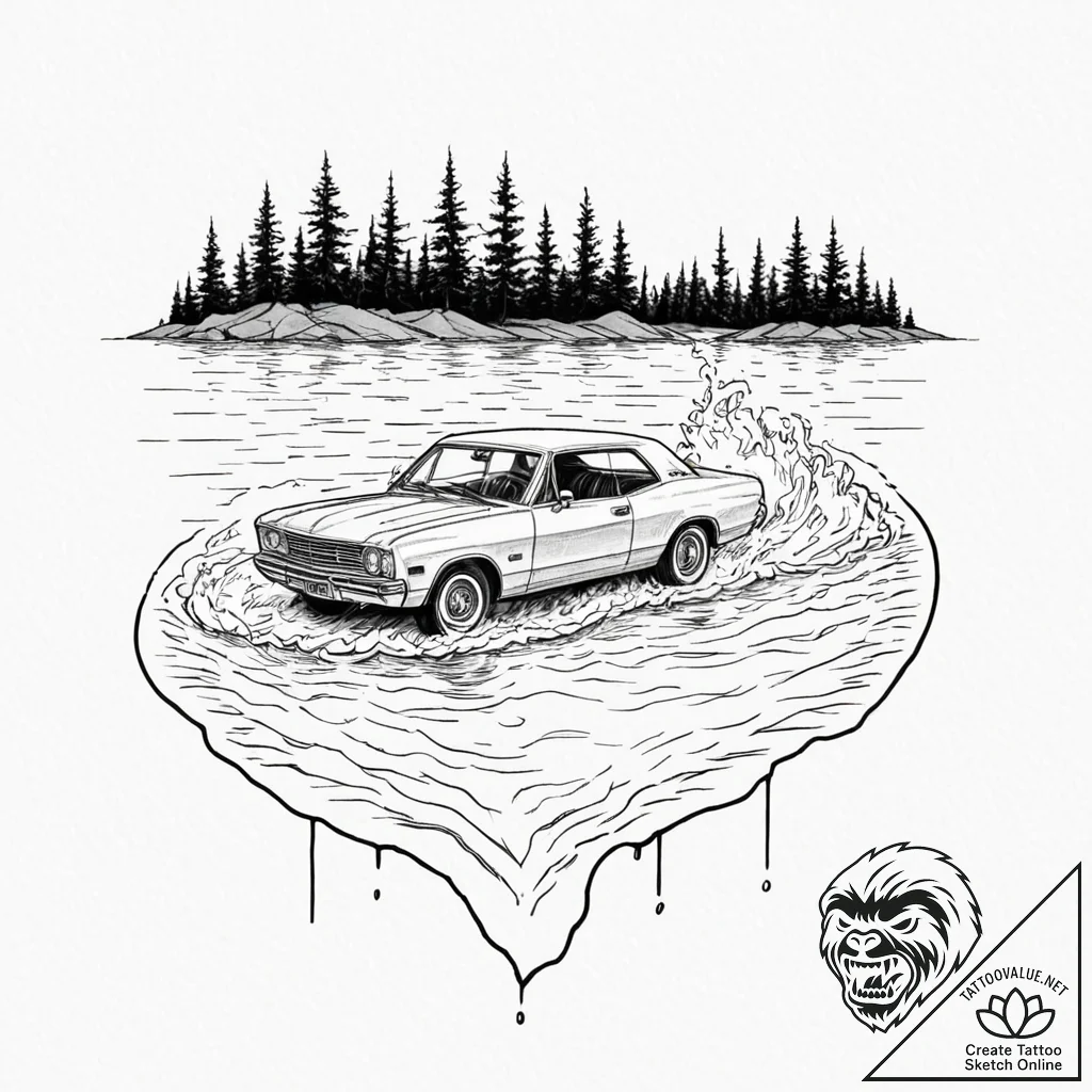 A linework tattoo of the car sinking in the l... - tattoo sketch (№1752179968_0, 10.07.2025 20:39) — tattoovalue.net
