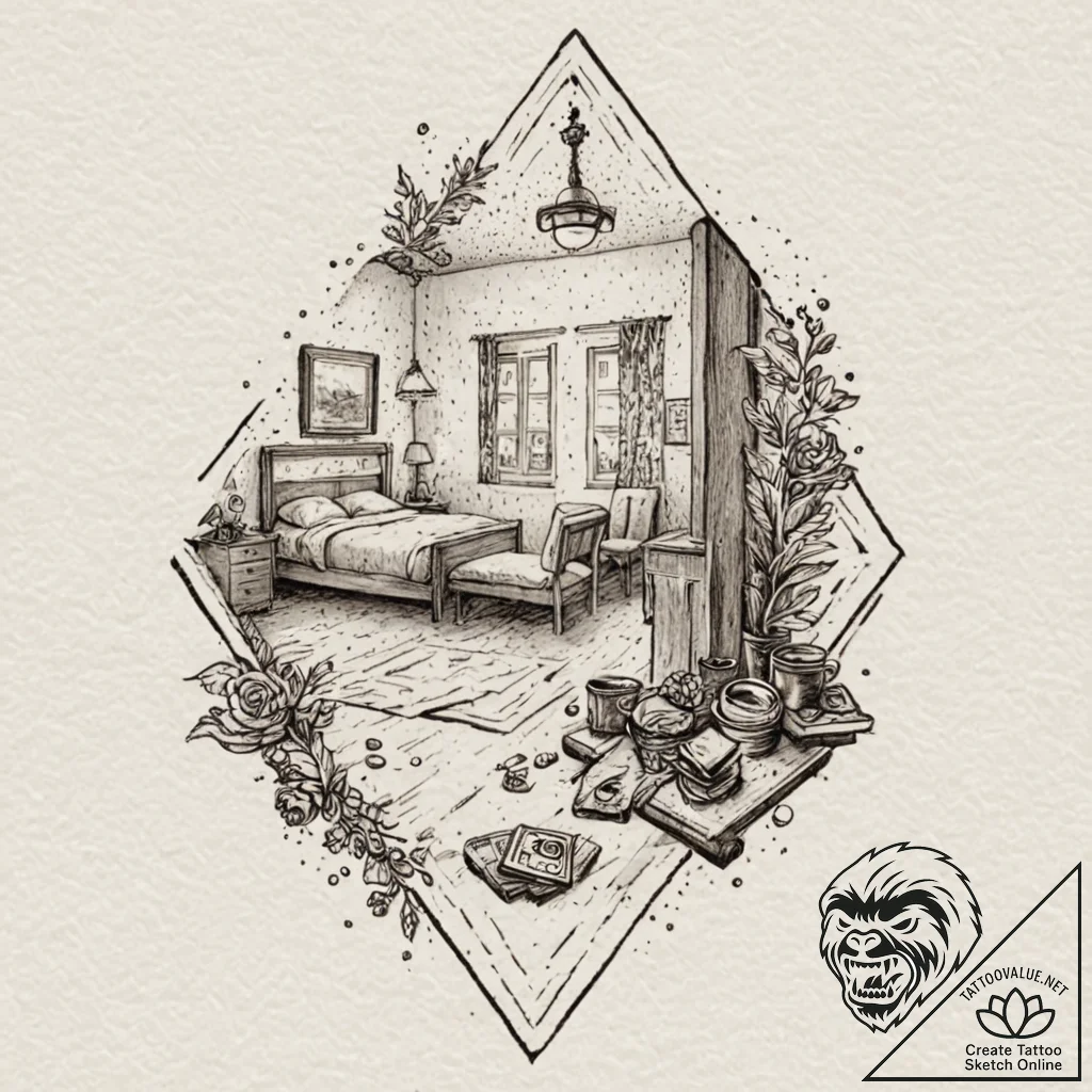 A trash polka composition of the hotel room f... - tattoo sketch (№1752180556_0, 10.07.2025 20:49) — tattoovalue.net