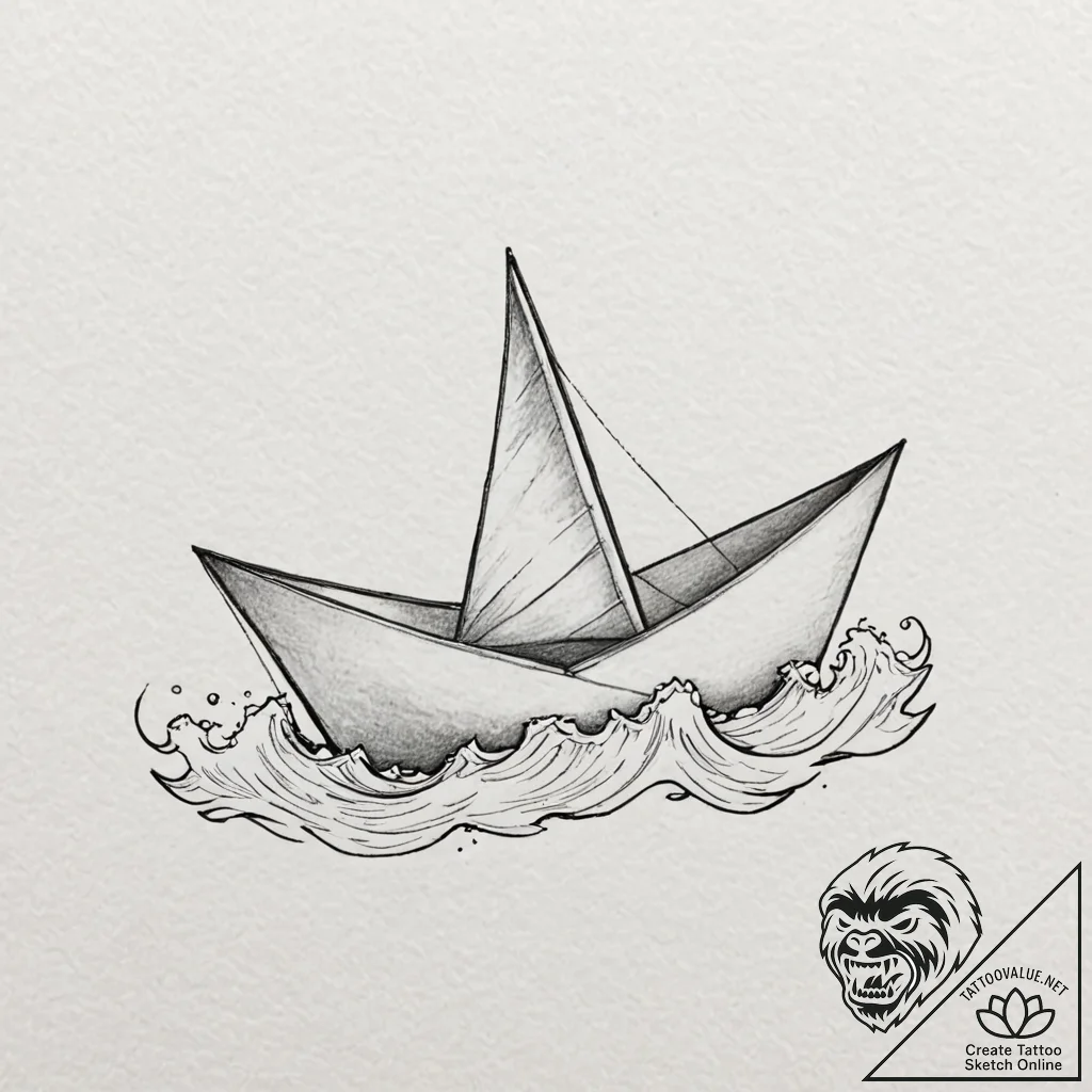 Origami boat on a wave, artistic tattoo sketc... - tattoo sketch (№1752184009_0, 10.07.2025 21:46) — tattoovalue.net