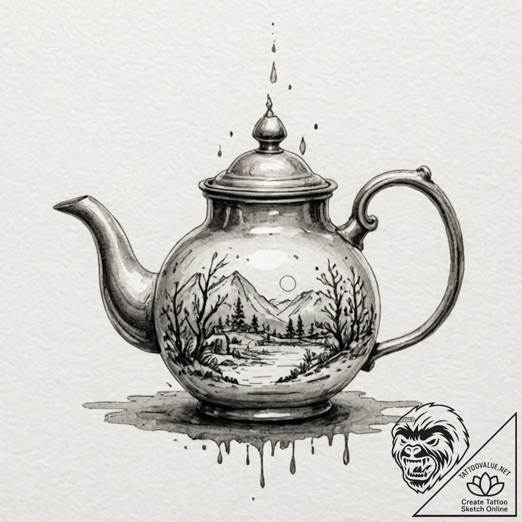Teapot, tattoo sketch design, subtle drop sha... - tattoo sketch (№1752184850_0, 10.07.2025 22:00) — tattoovalue.net